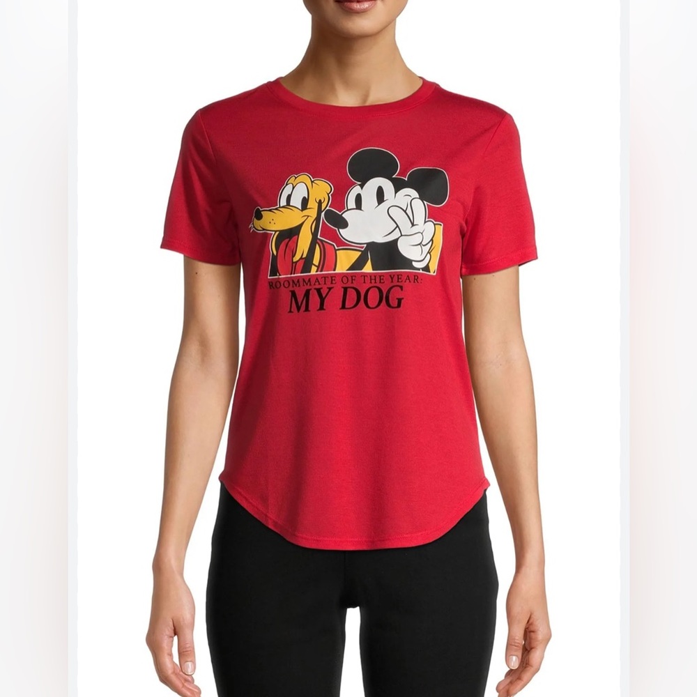 Disney Women Short Sleeve Crew Neck Mickey Mouse and Pluto Red Tee Junior Sz M